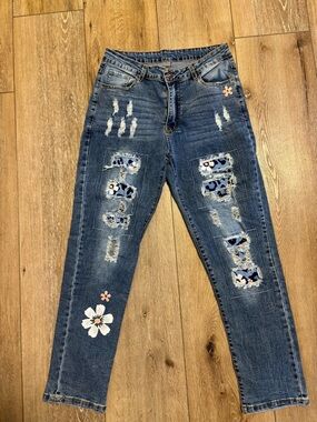 Blue Straight-Leg Distressed Jeans with Floral Patch Detail